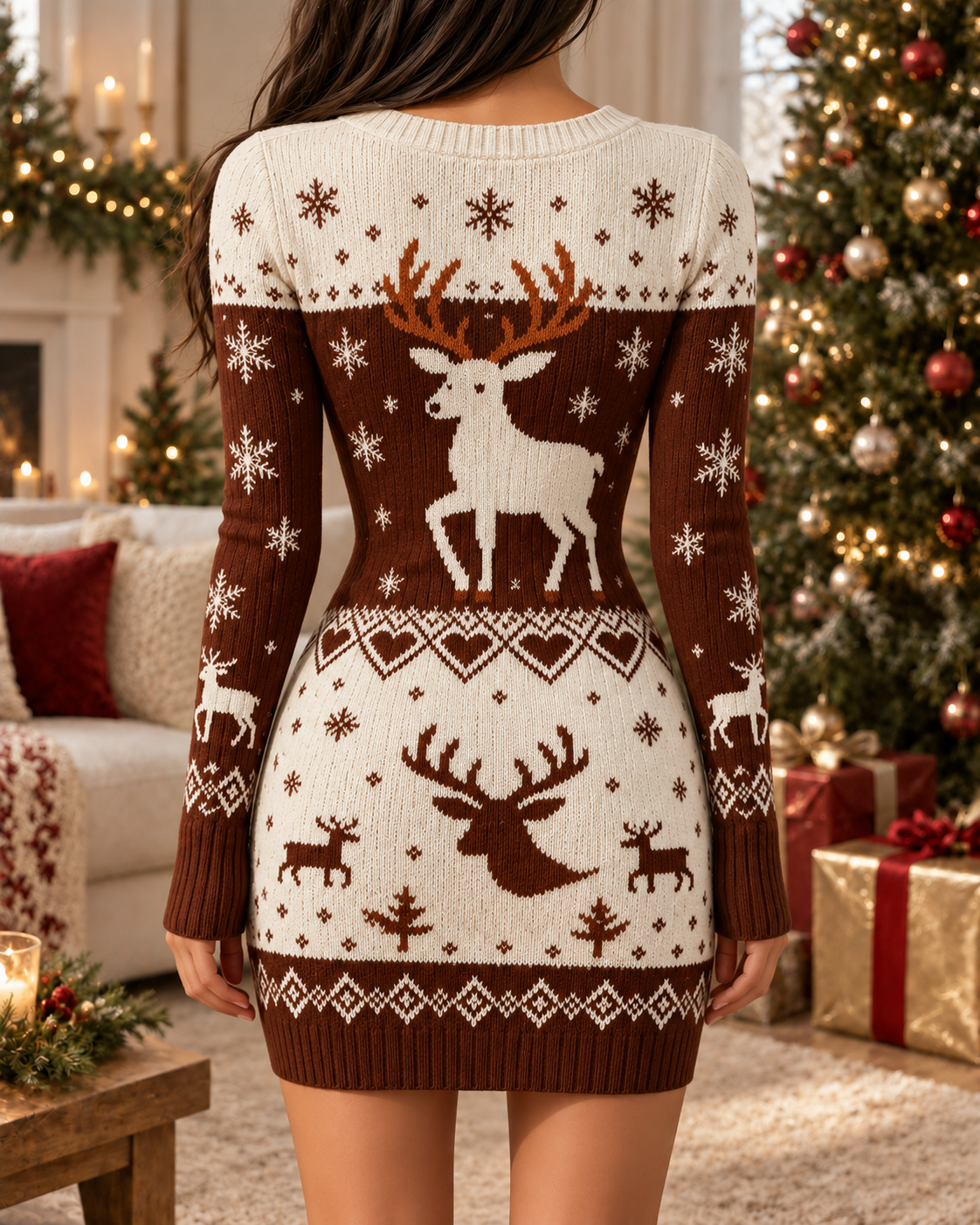 Brown White Reindeer Christmas Bodycon Dress