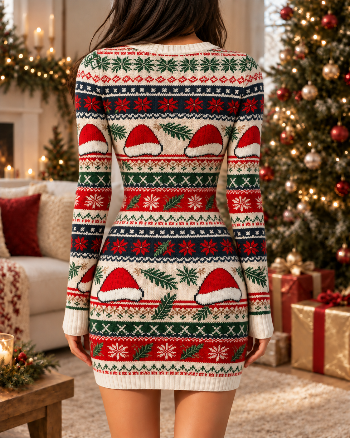 Cream Red Santa Hat Christmas Bodycon Dress