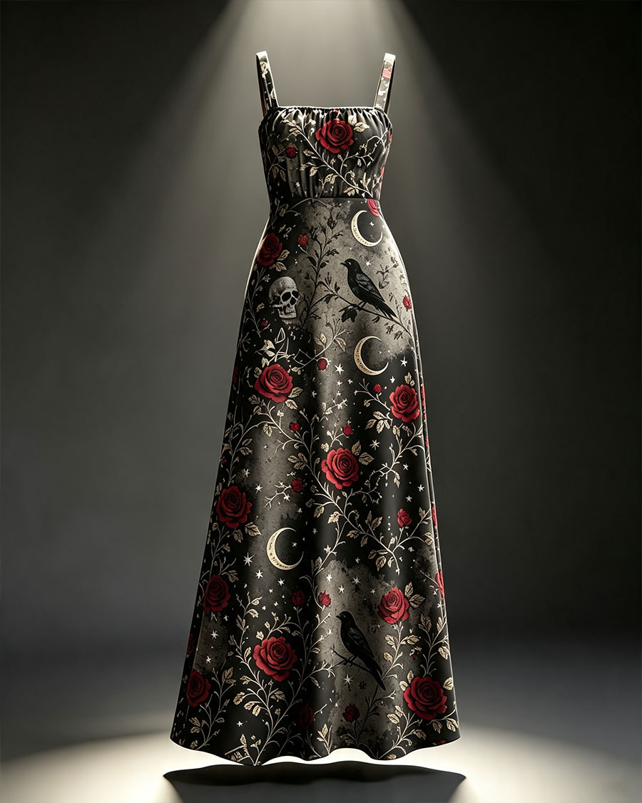 Romantic Gothic Raven & Rose Maxi Dress