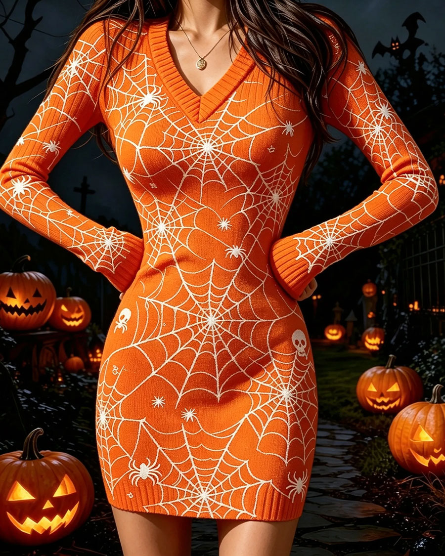 Orange Halloween Spiderweb Knit Bodycon Mini Dress