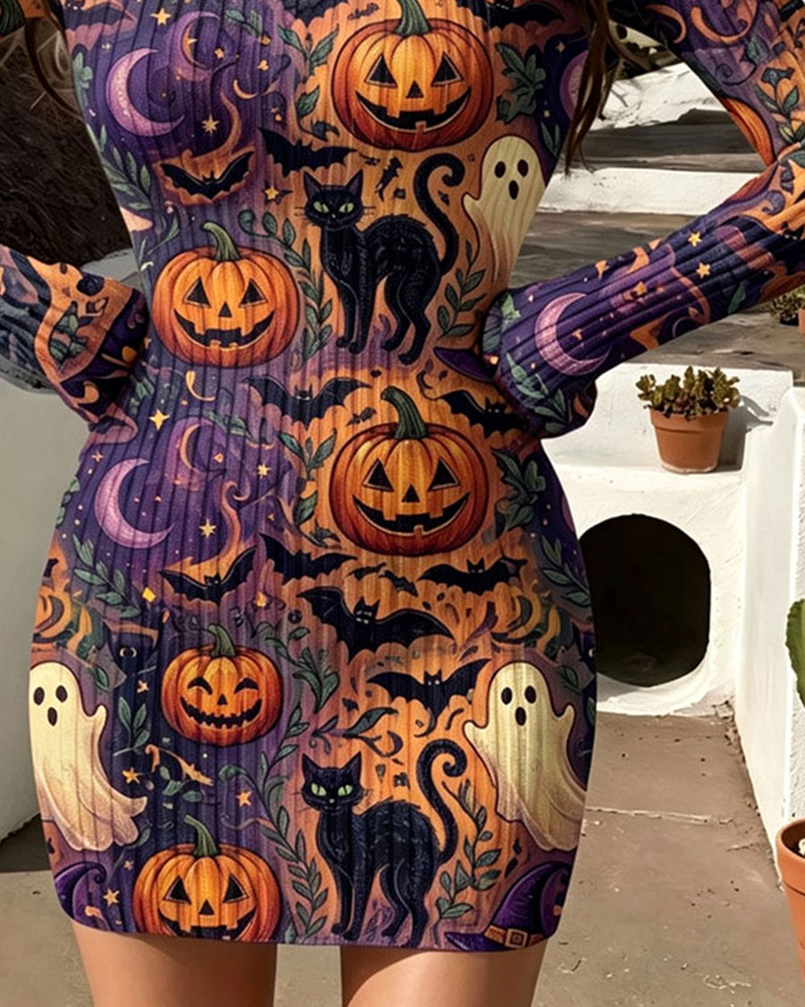 Chic Halloween Pumpkin & Black Cat Bodycon Mini Dress