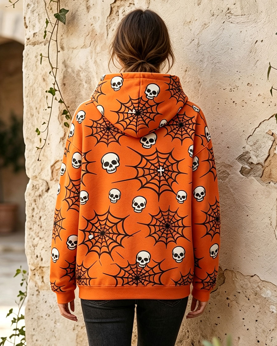 Vibrant Orange Skull & Spiderweb All Over Print Hoodie