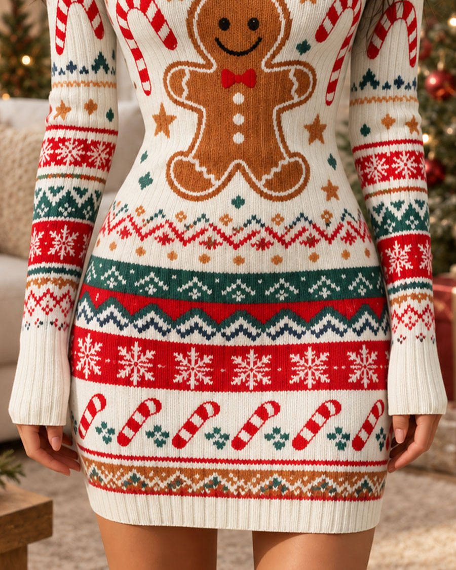 Gingerbread Man Christmas Sweater Bodycon Mini Dress