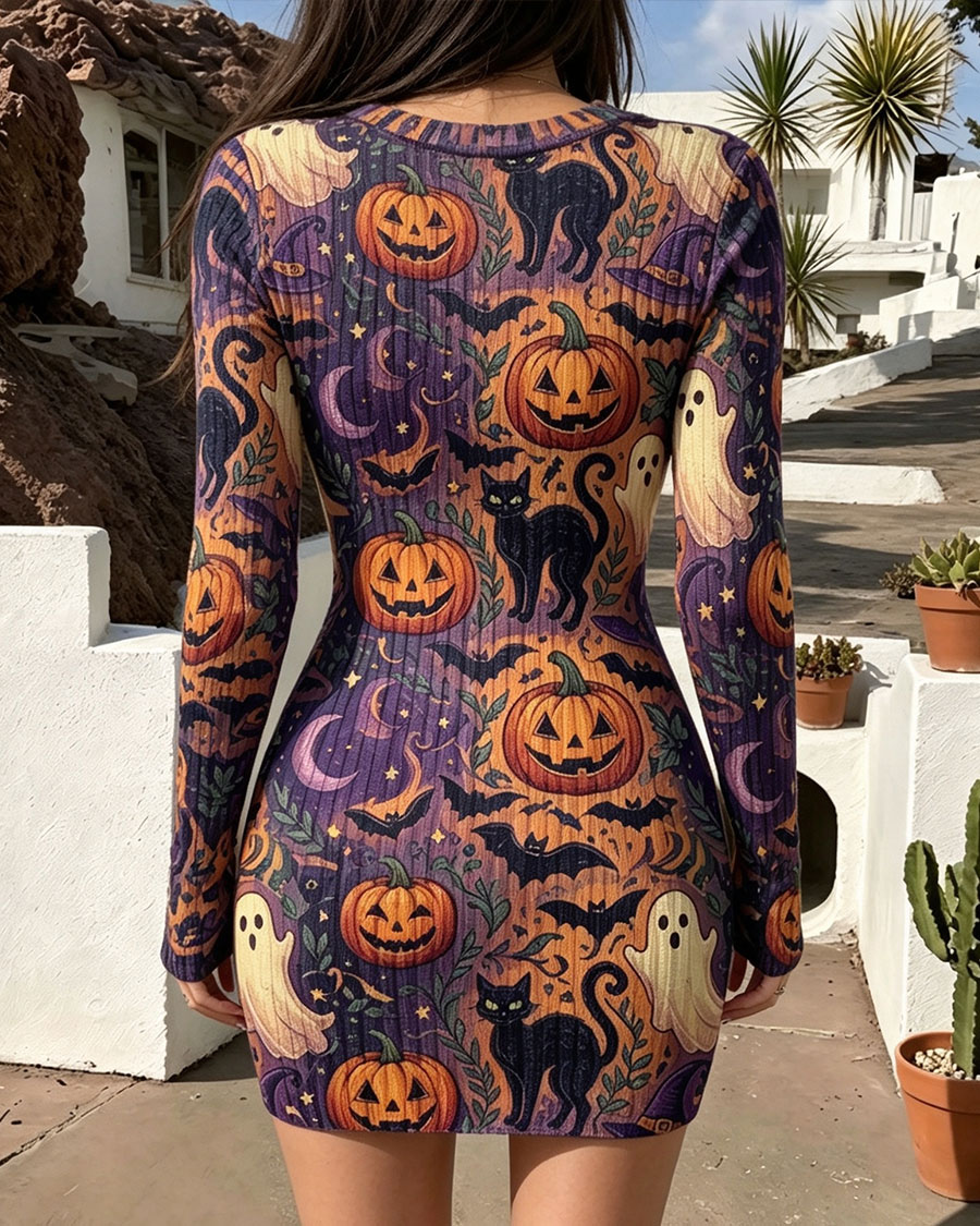 Chic Halloween Pumpkin & Black Cat Bodycon Mini Dress