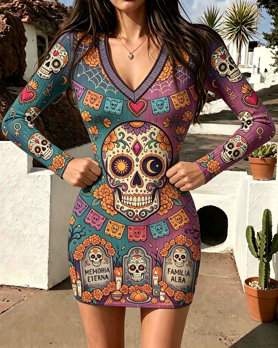 Colorful Mexican Sugar Skull V-Neck Bodycon Mini Dress
