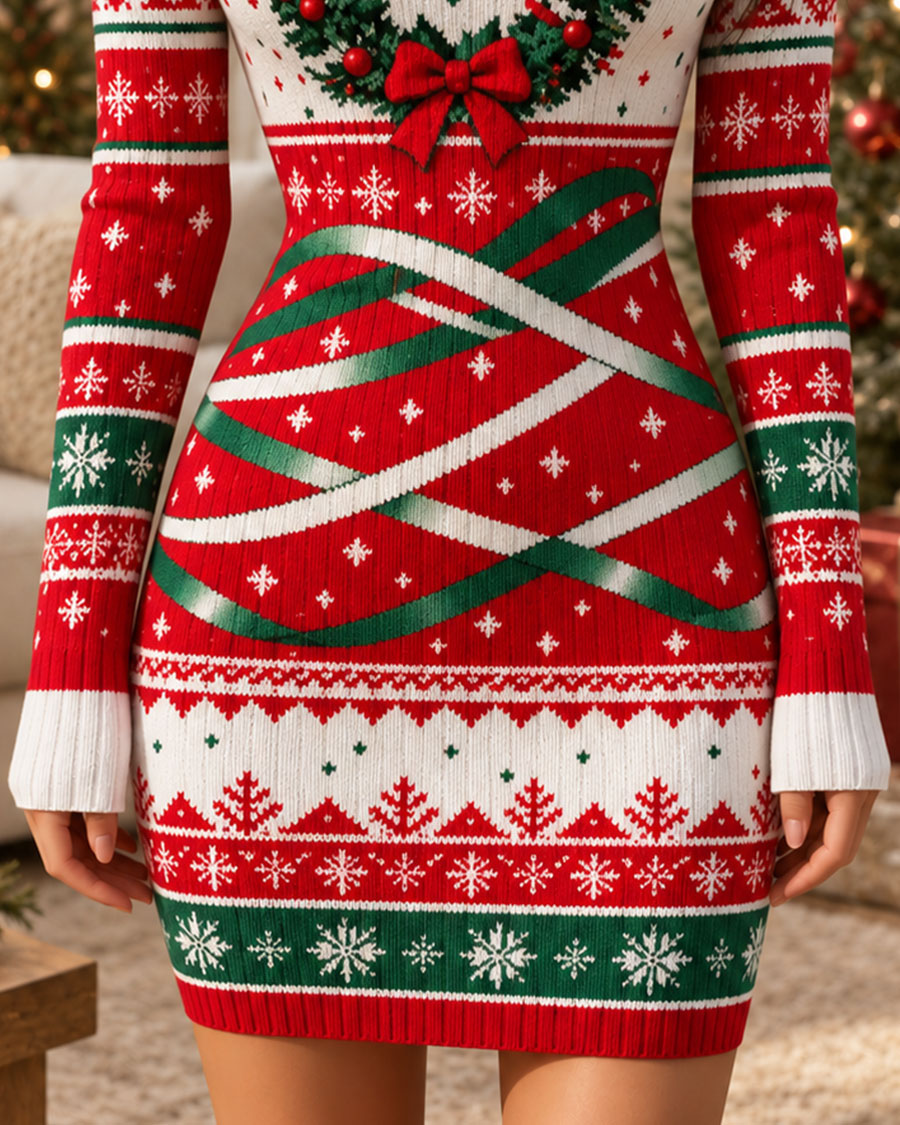 Christmas Wreath & Snowflakes Bodycon Mini Dress