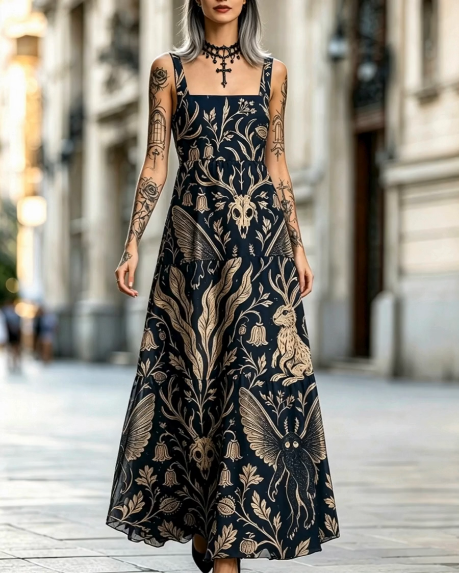 Cryptids Wide Straps Gothic Maxi Dress