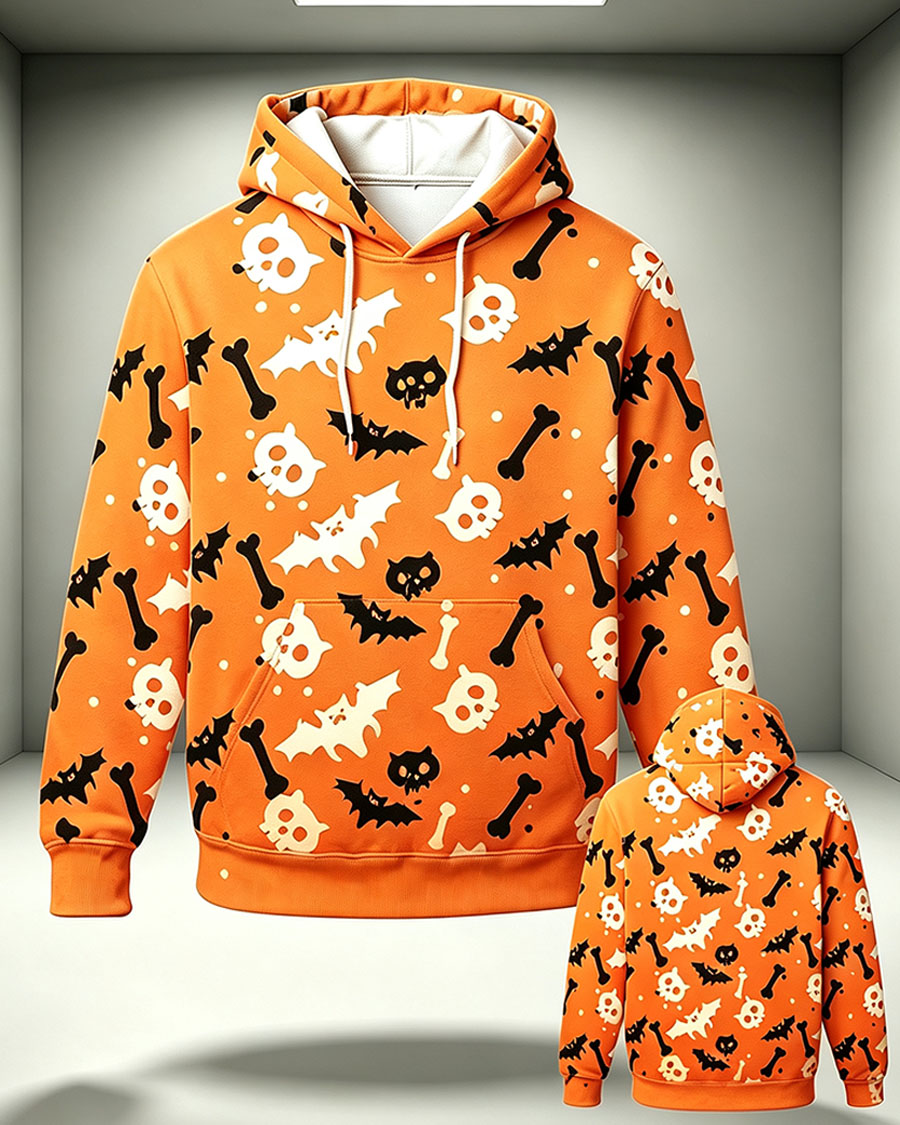 Orange Skull Bat Graphic Hoodie