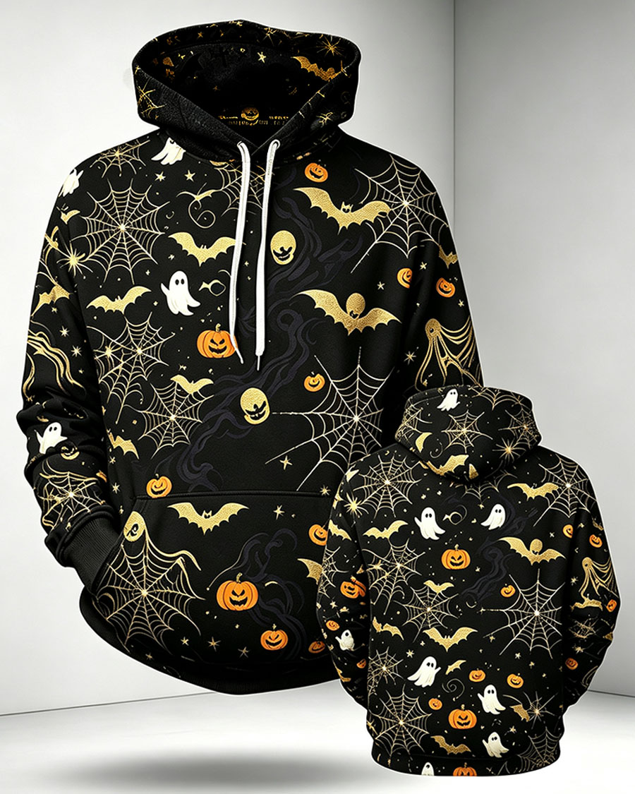 Spooky Black Gold Bat Ghost Graphic Hoodie