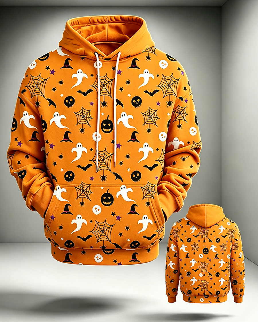 Orange Halloween Witch Hat Bat Print Hoodie