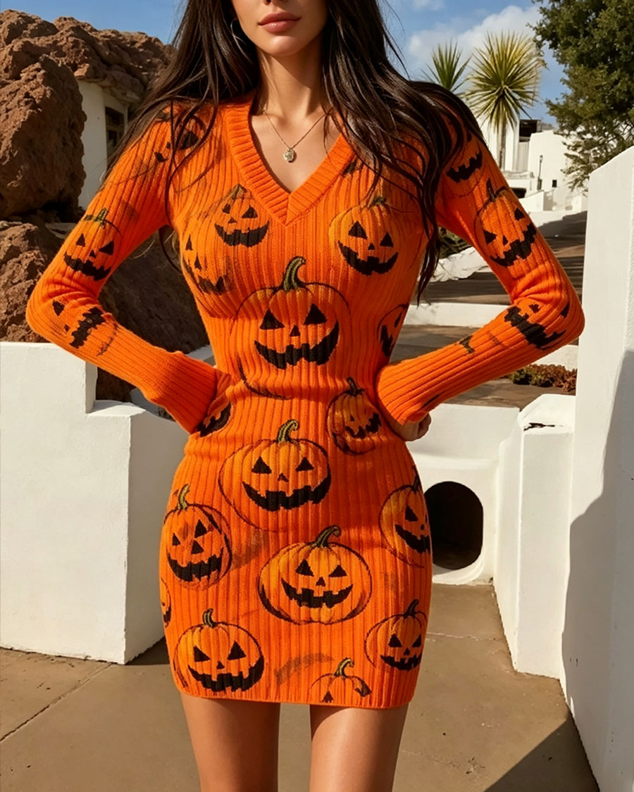 Festive Orange Pumpkin Print Bodycon Mini Dress