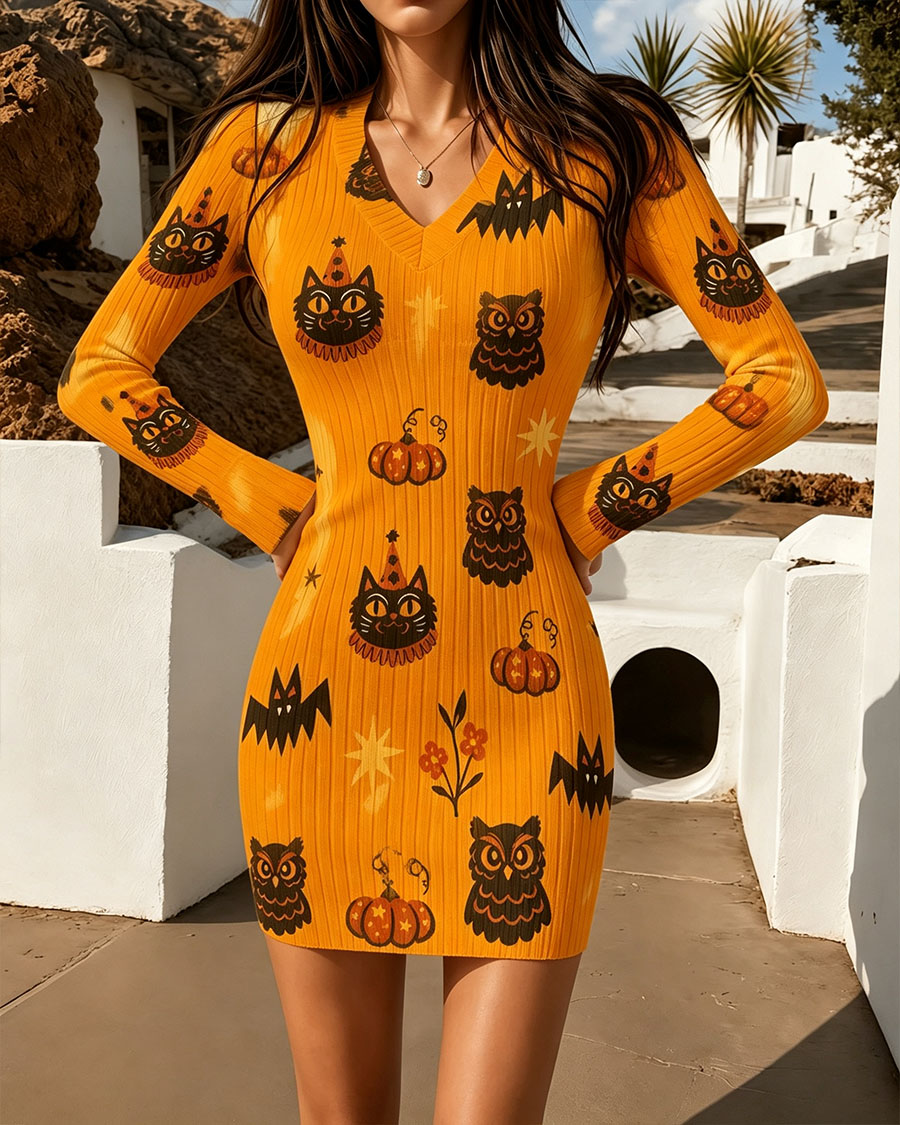 Cute Vintage Halloween Animals Bodycon Mini Dress