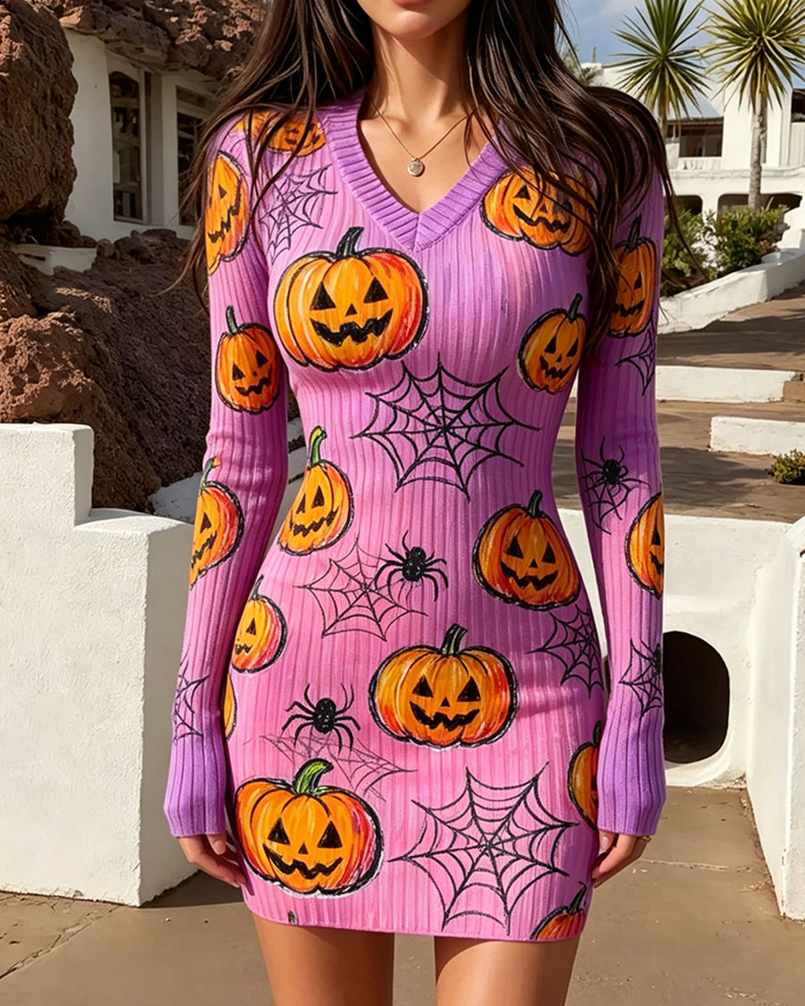 Spooky Pumpkin Spider Web Print Bodycon Mini Dress
