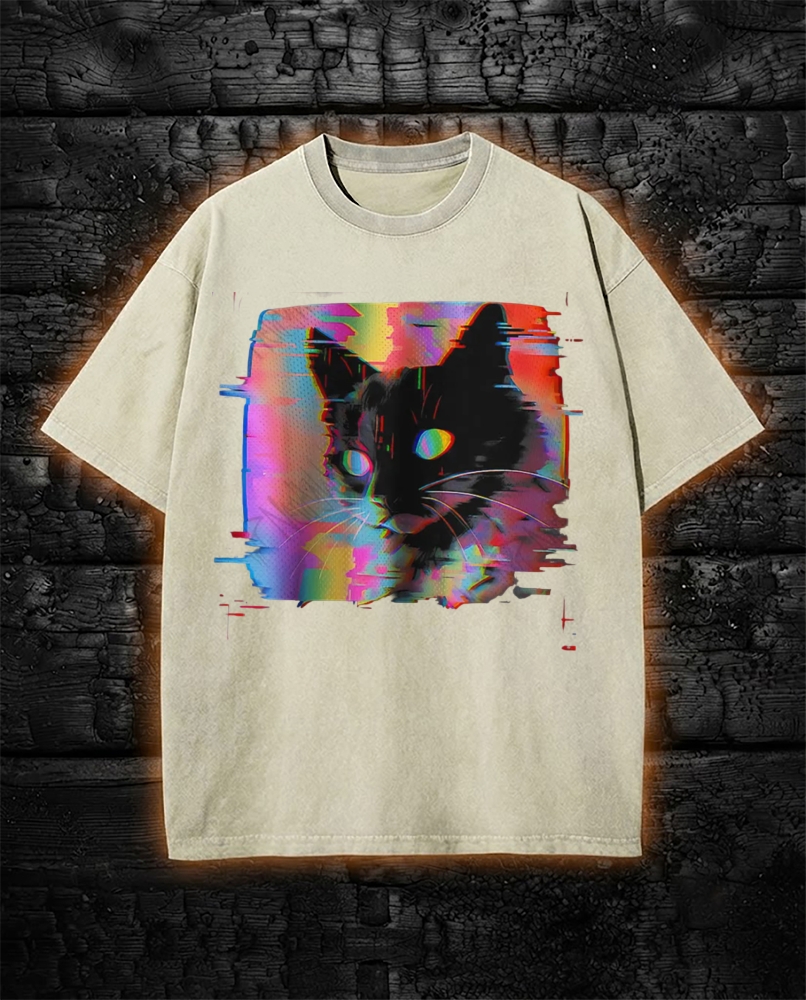 Psychedelic Weirdcore Cat Washed T-Shirt Vaporwave