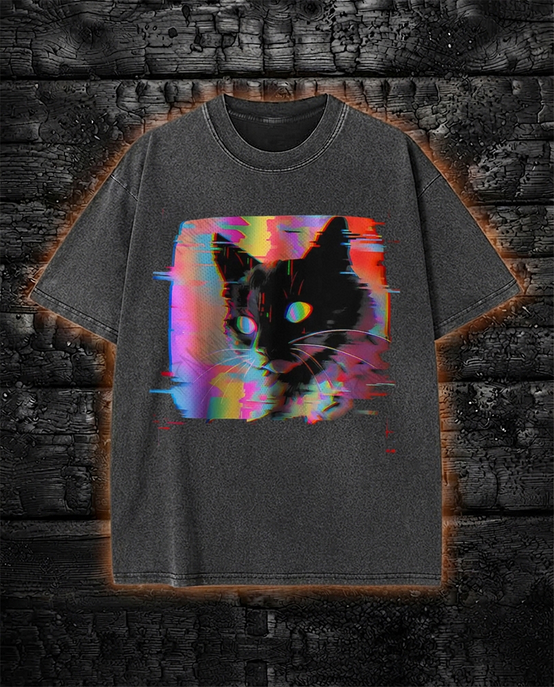 Psychedelic Weirdcore Cat Washed T-Shirt Vaporwave