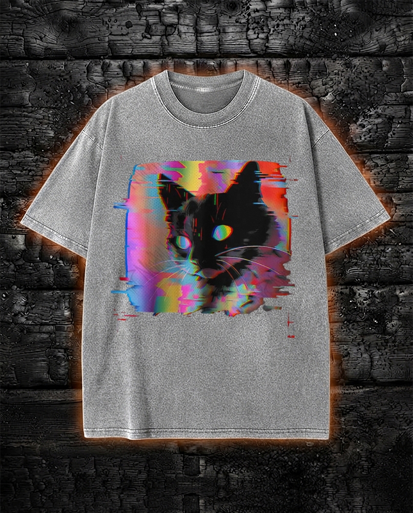 Psychedelic Weirdcore Cat Washed T-Shirt Vaporwave