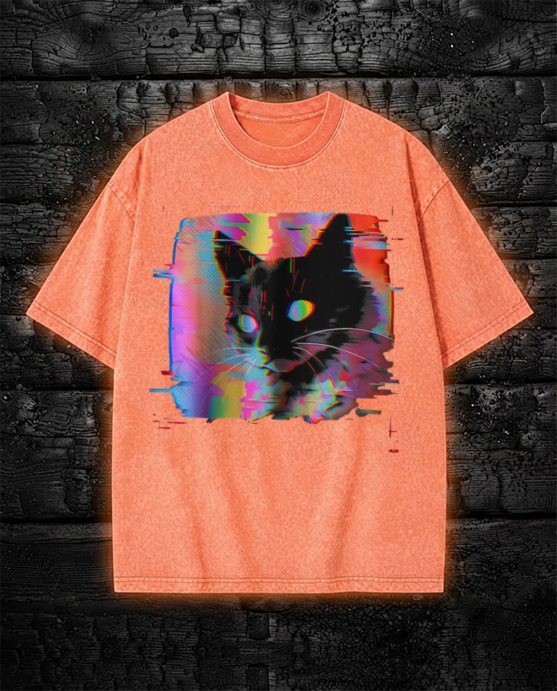 Psychedelic Weirdcore Cat Washed T-Shirt Vaporwave