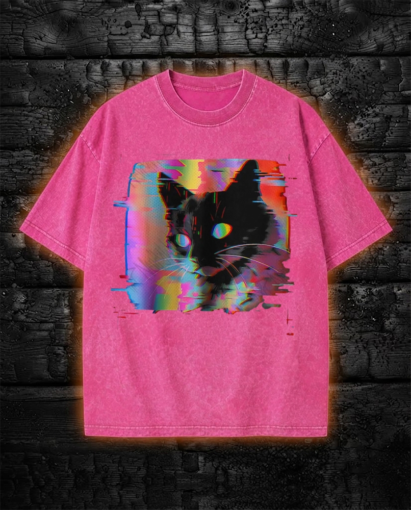 Psychedelic Weirdcore Cat Washed T-Shirt Vaporwave