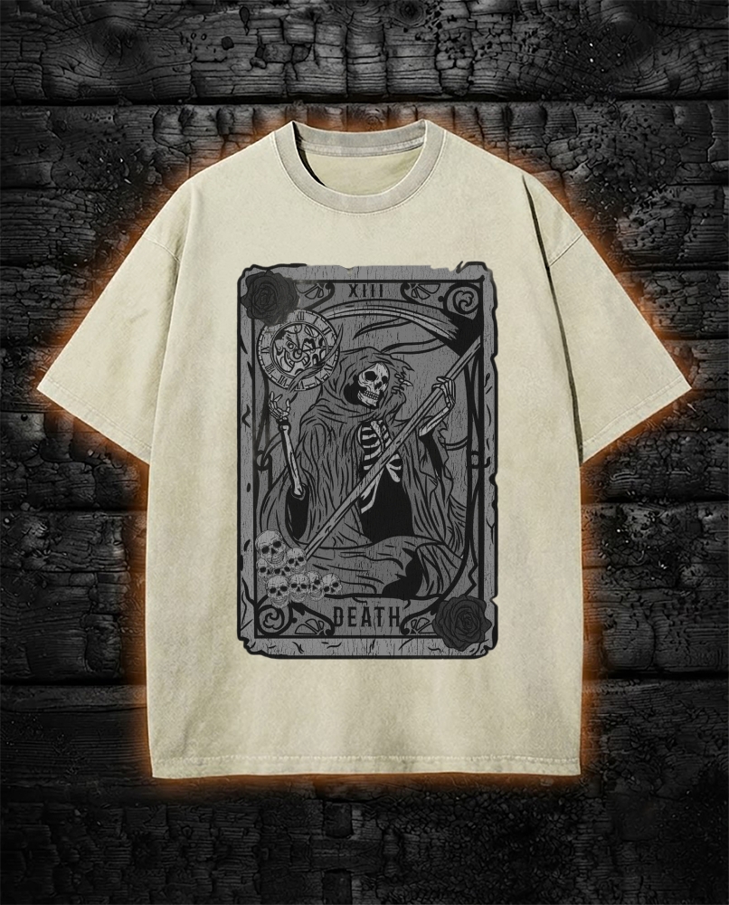 Vintage Tarot Card Death Grim Reaper Washed T-Shirt