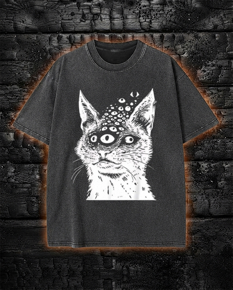 Weirdcore Cat Dark Goth Washed T-Shirt