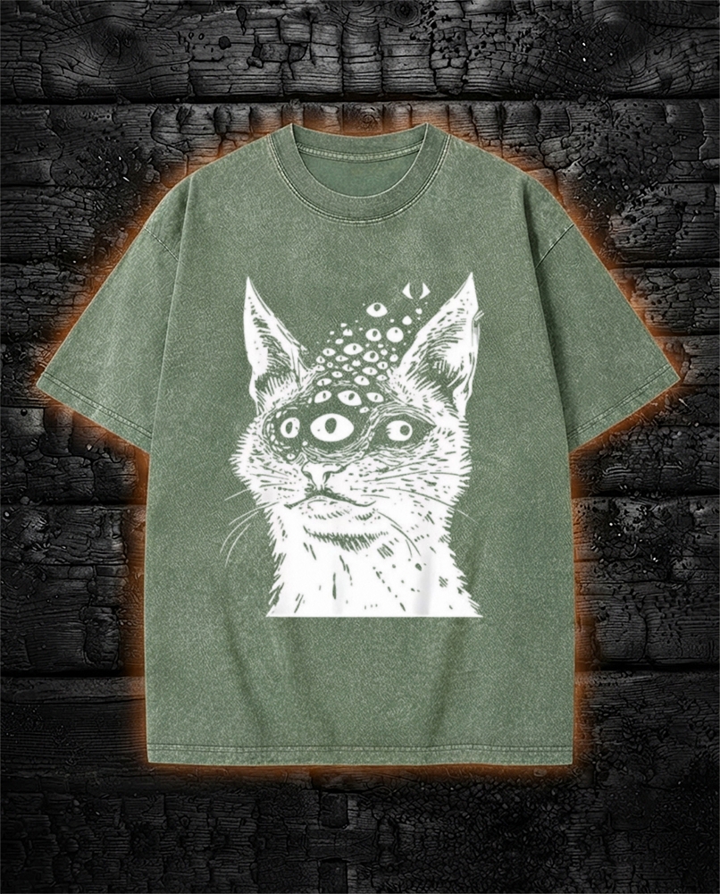 Weirdcore Cat Dark Goth Washed T-Shirt