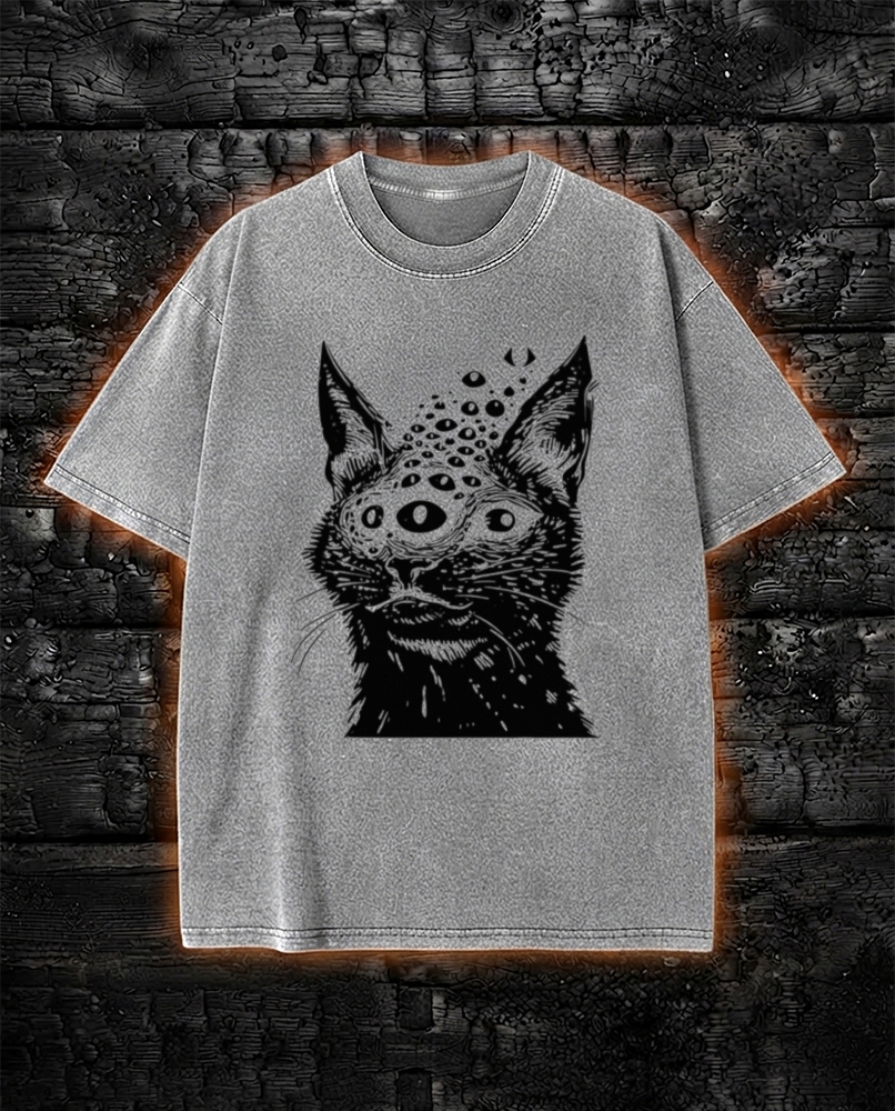 Weirdcore Cat Dark Goth Washed T-Shirt