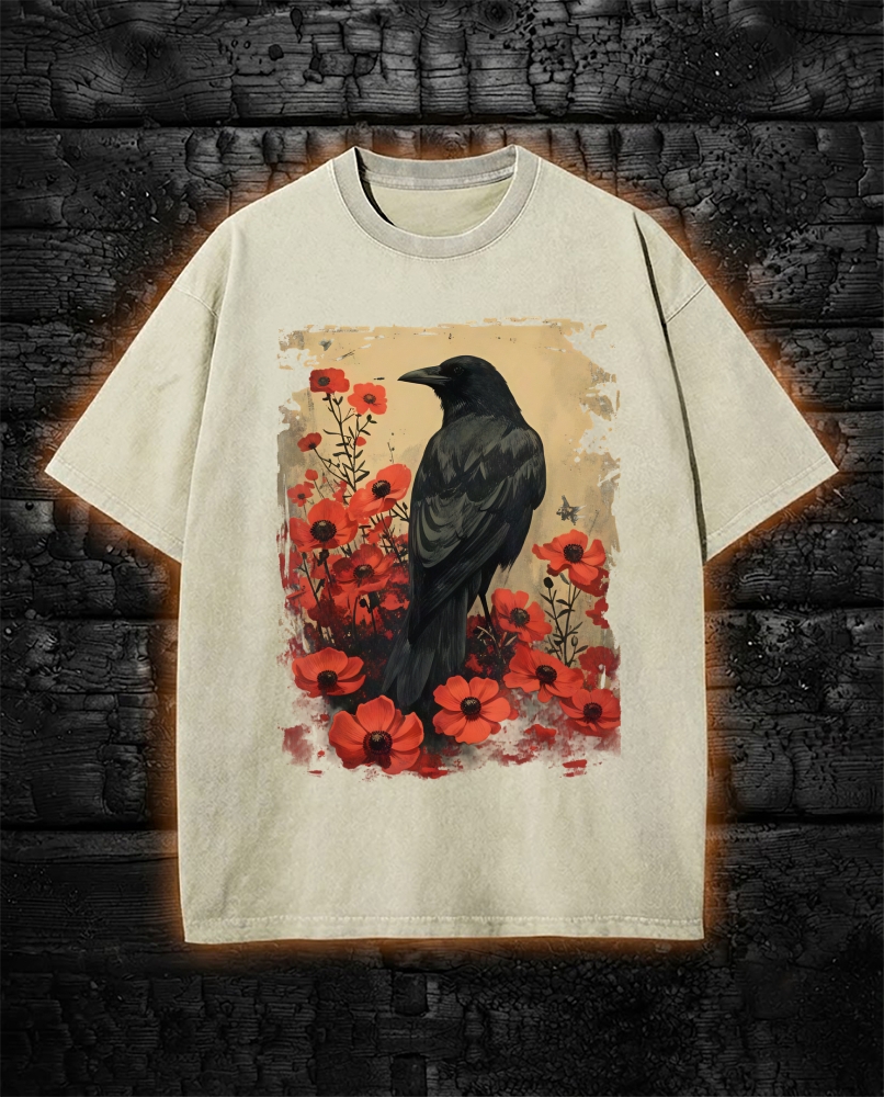 Gothic Raven Rose Enchanted Washed T-Shirt