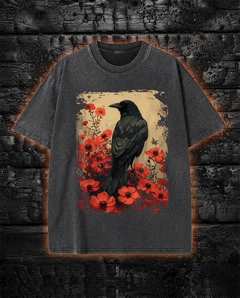 Gothic Raven Rose Enchanted Washed T-Shirt
