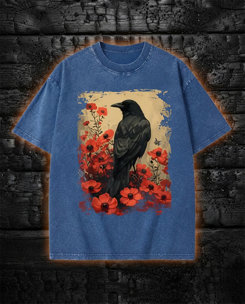 Gothic Raven Rose Enchanted Washed T-Shirt