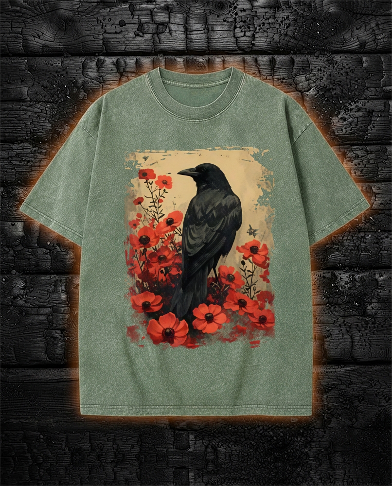 Gothic Raven Rose Enchanted Washed T-Shirt