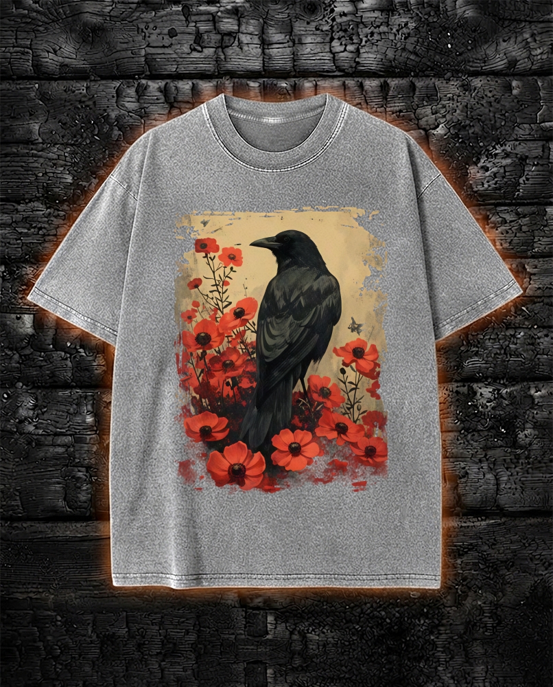 Gothic Raven Rose Enchanted Washed T-Shirt