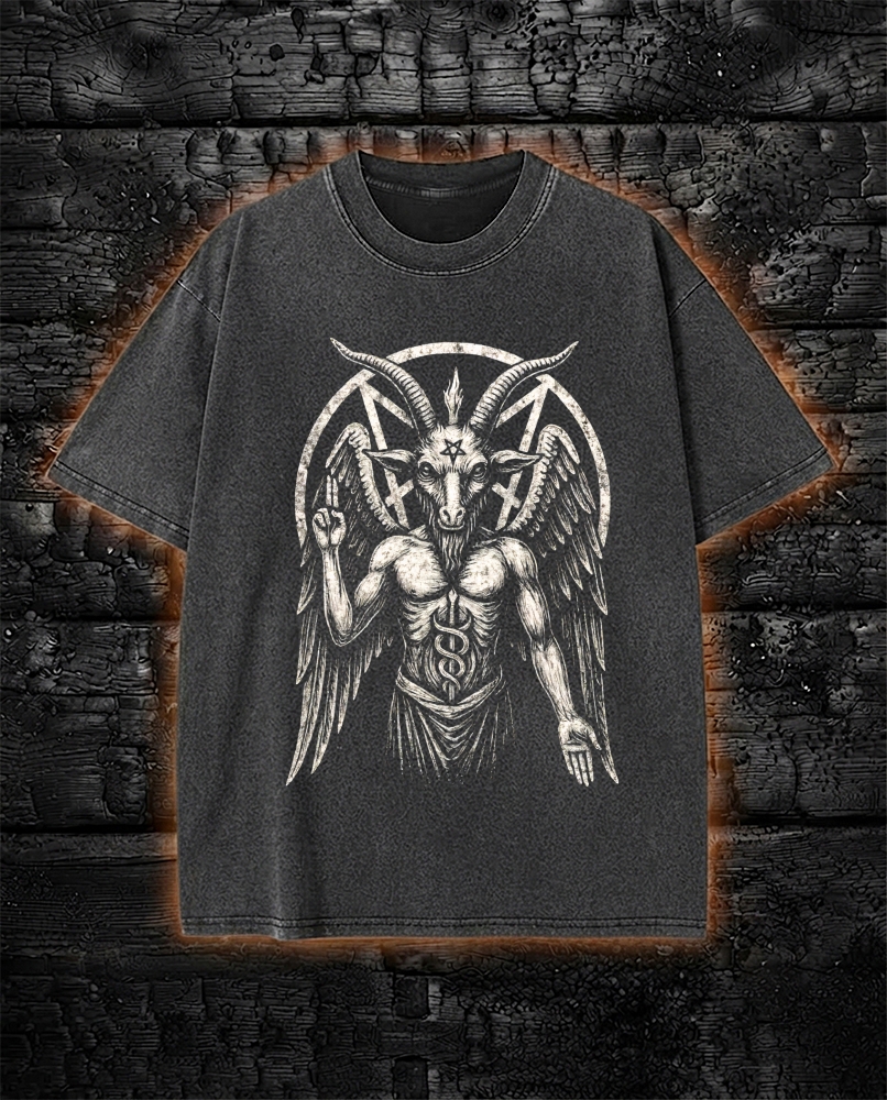 Goat Satanic Washed T-Shirt Occult Pentagram Design