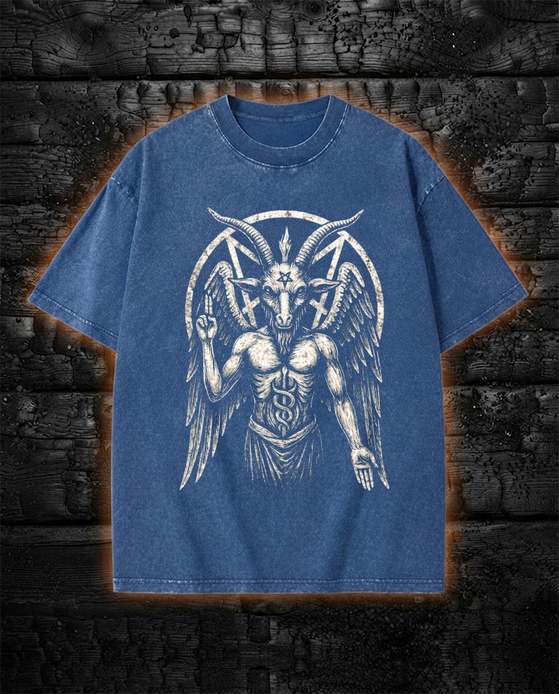 Goat Satanic Washed T-Shirt Occult Pentagram Design
