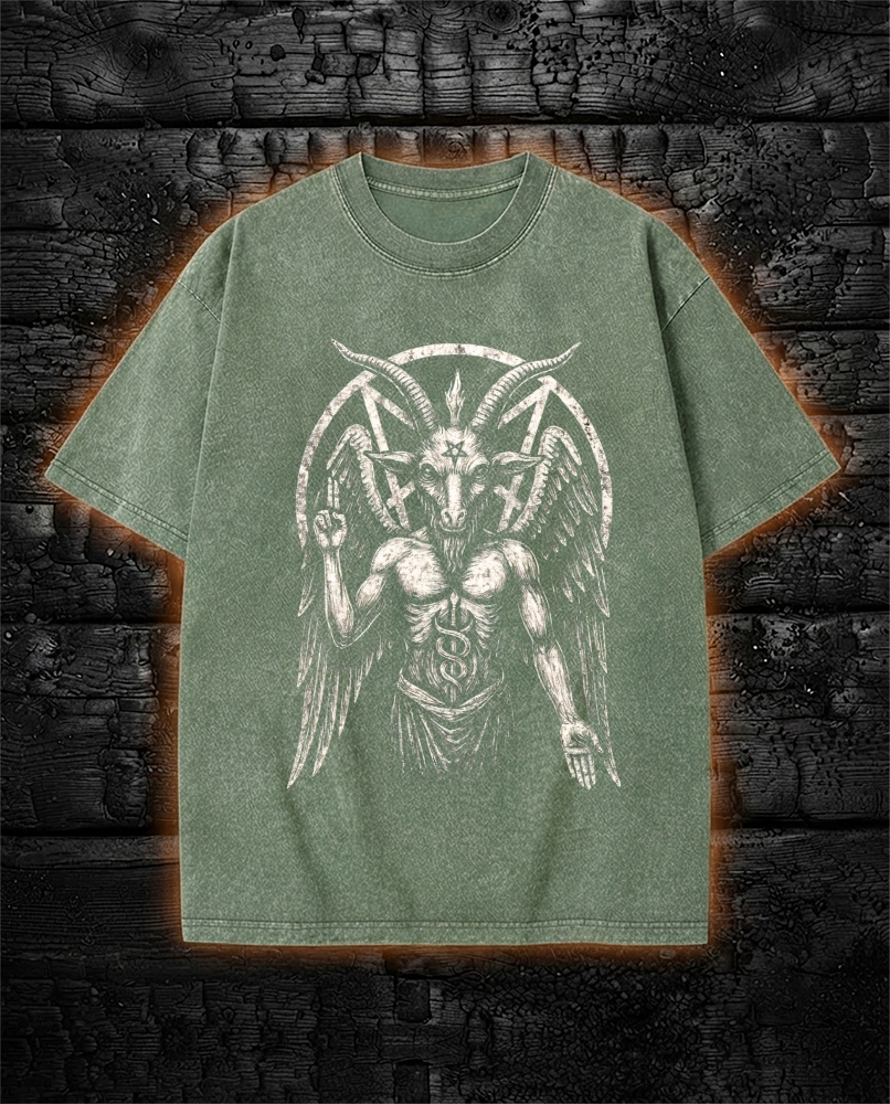 Goat Satanic Washed T-Shirt Occult Pentagram Design