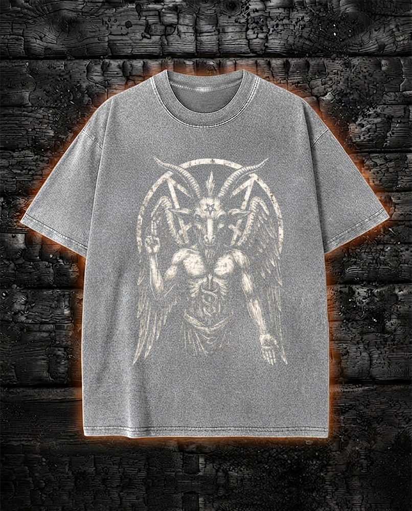 Goat Satanic Washed T-Shirt Occult Pentagram Design