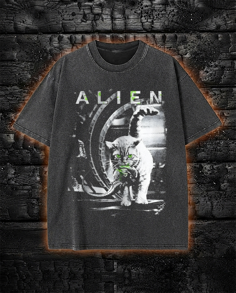 Alien Cat Paranormal Occult Washed T-Shirt
