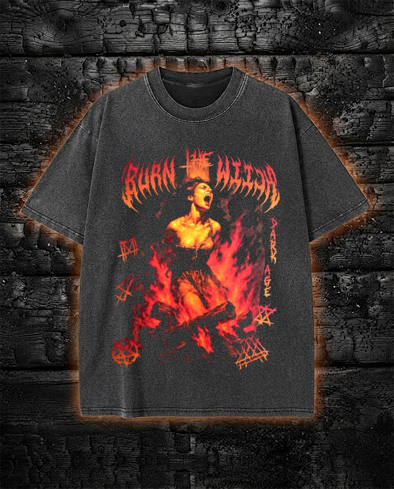 Burn the Witch Washed T-Shirt Occult Horror, Heavy Metal Apparel