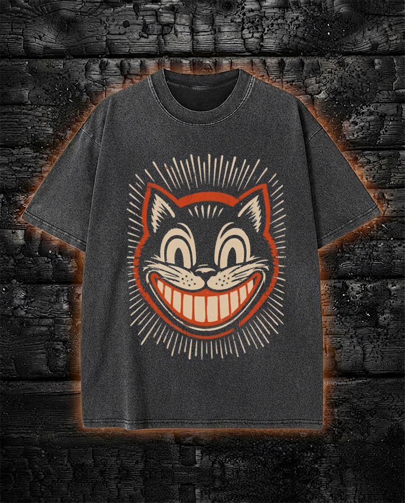 Vintage 1930s Cartoon Creepy Smiling Cat Washed T-Shirt