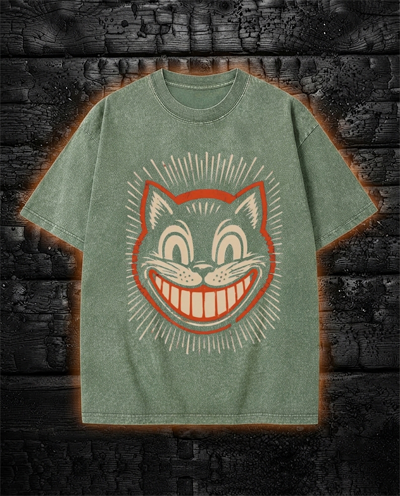 Vintage 1930s Cartoon Creepy Smiling Cat Washed T-Shirt