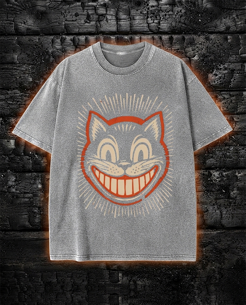 Vintage 1930s Cartoon Creepy Smiling Cat Washed T-Shirt