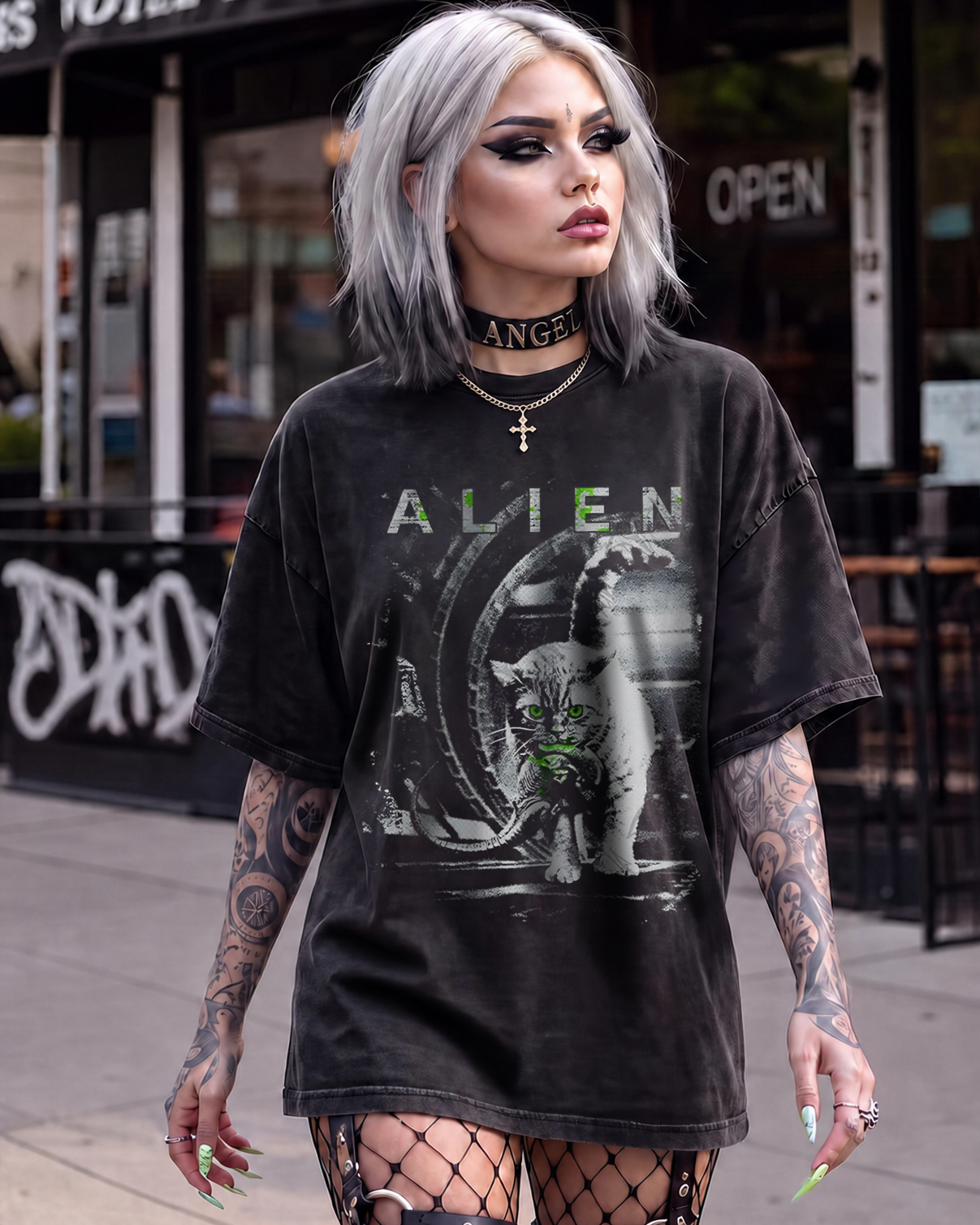 Alien Cat Paranormal Occult Washed T-Shirt