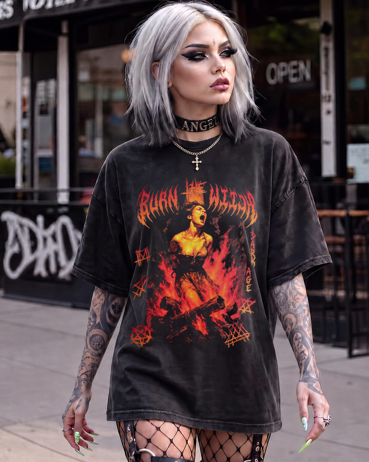 Burn the Witch Washed T-Shirt Occult Horror, Heavy Metal Apparel