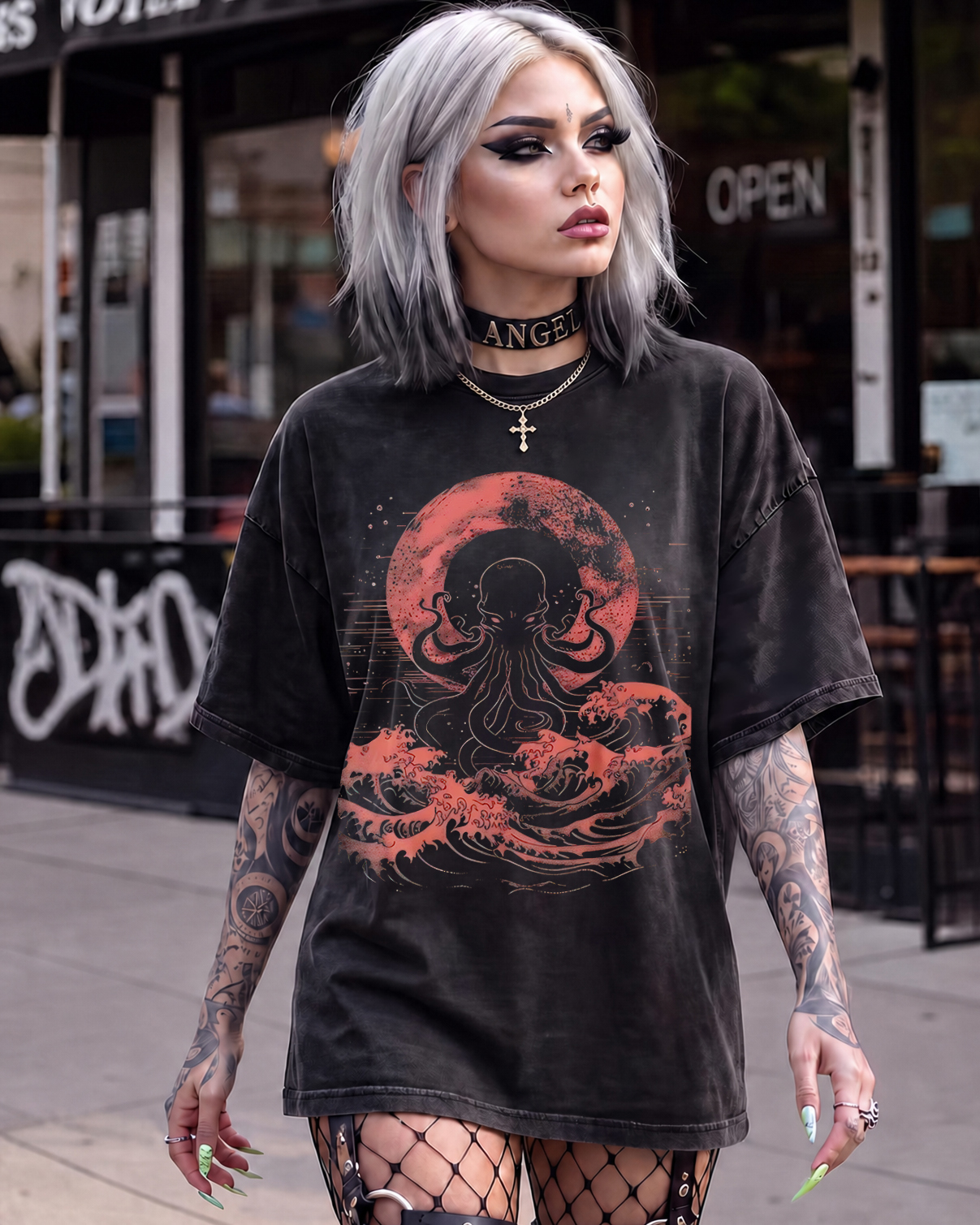 Cthulhu Red Moon Washed T-Shirt Japanese Gothic Kraken