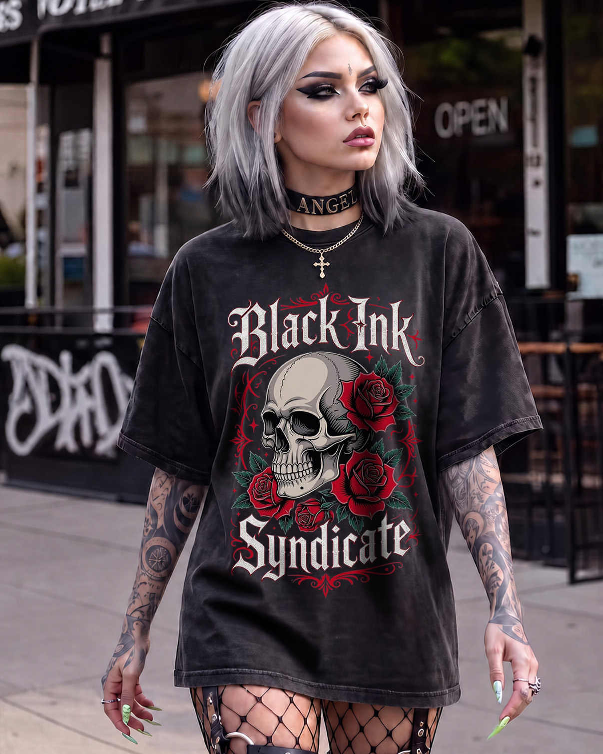 Dark Romance Reaper Skull Rose Washed T-Shirt