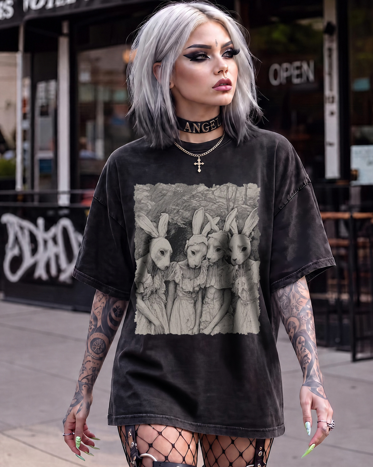 Freaky Rabbit Mask Gothic Washed T-Shirt Weird Pagan