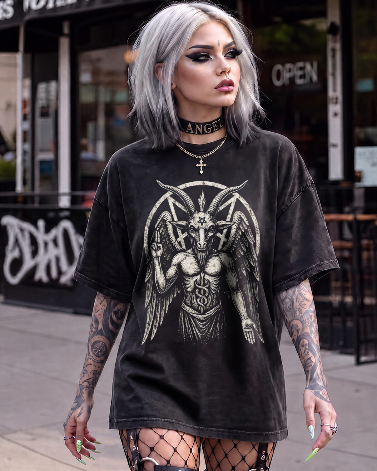 Goat Satanic Washed T-Shirt Occult Pentagram Design