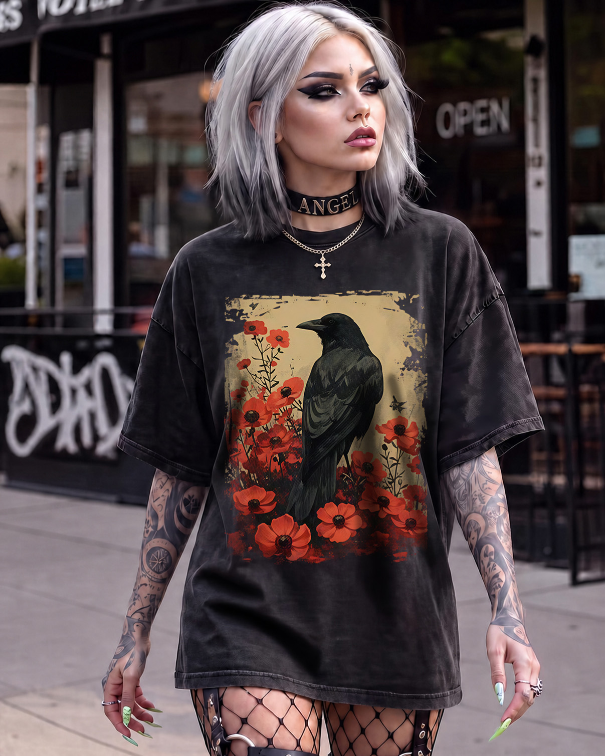 Gothic Raven Rose Enchanted Washed T-Shirt