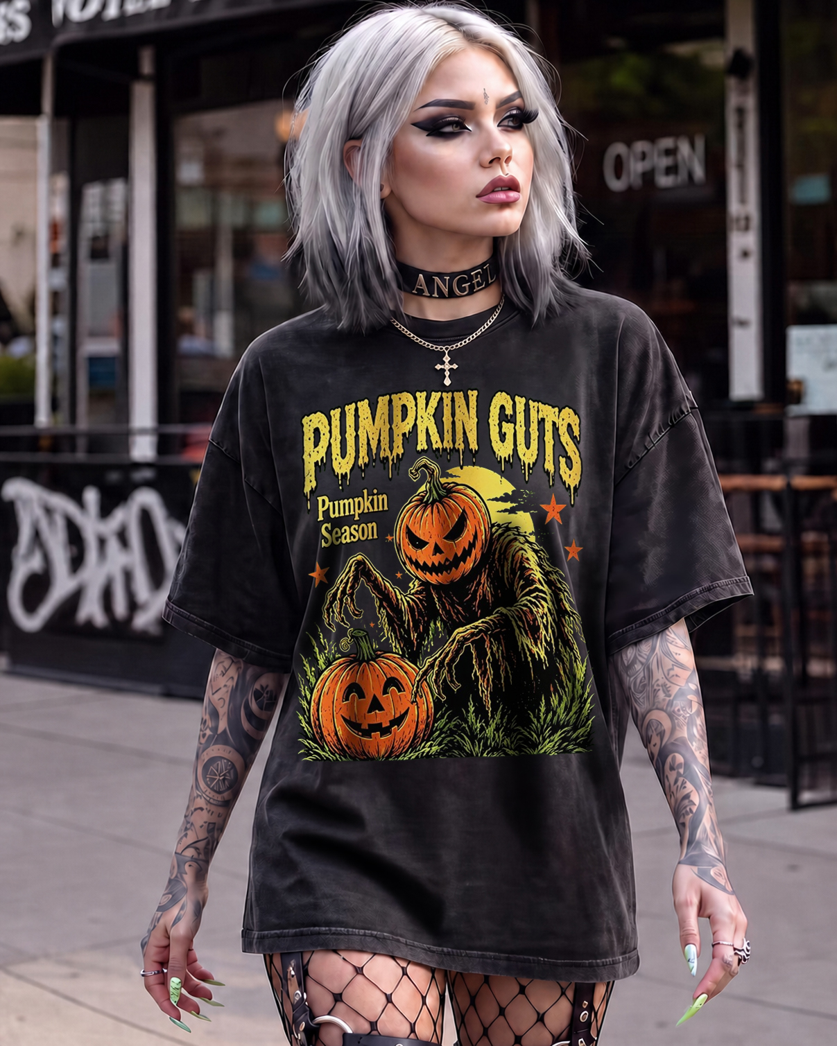 Spooky Pumpkin Guts Horror Washed T-Shirt