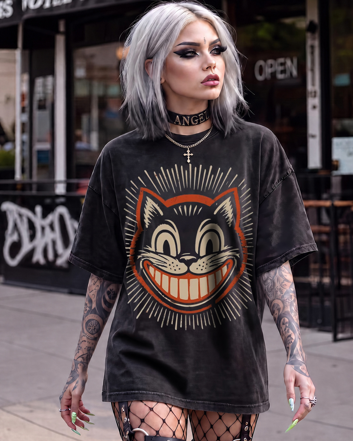 Vintage 1930s Cartoon Creepy Smiling Cat Washed T-Shirt