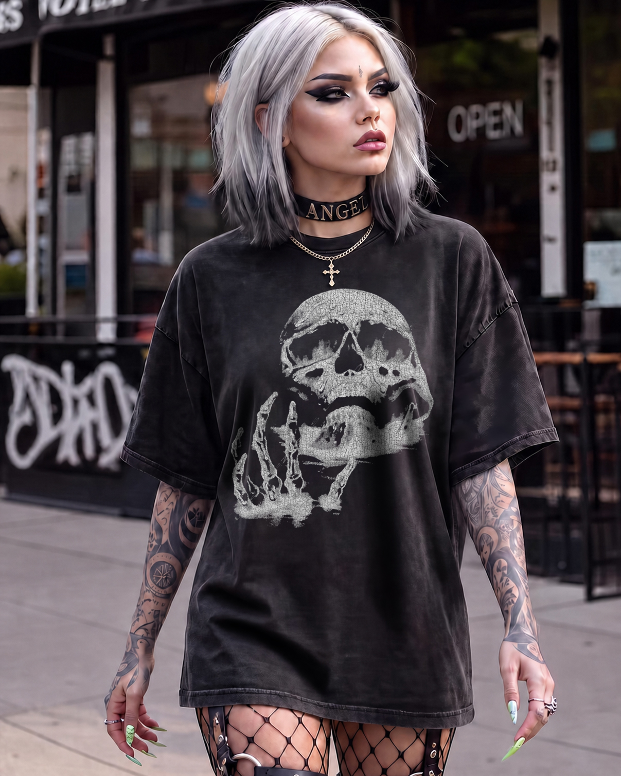 Vintage Skeleton Goth Rock Edgy Punk Washed T-Shirt